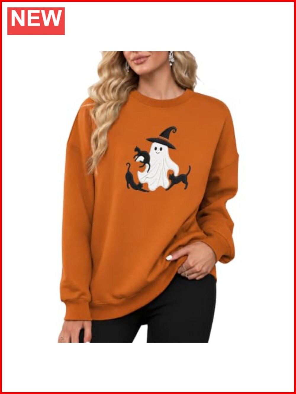 Cute Ghost Cat Embroidered Halloween Sweatshirt for Women